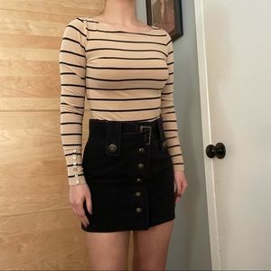 H&M Striped Wide Neck Long Sleeve Button Top neutral nude black